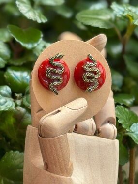 Red Round Earrings with Gold Snake Accent